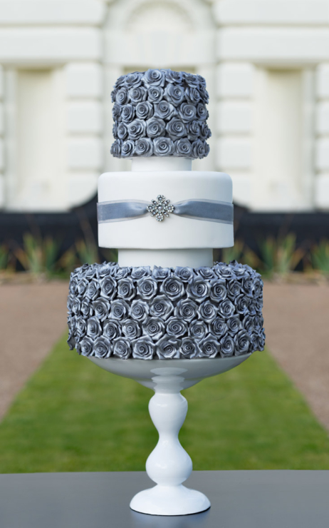 silver rose 3 tier wedding cake