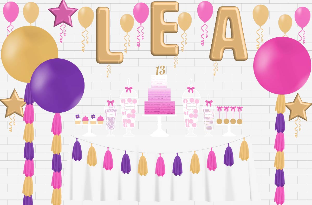 girls party balloons & cake