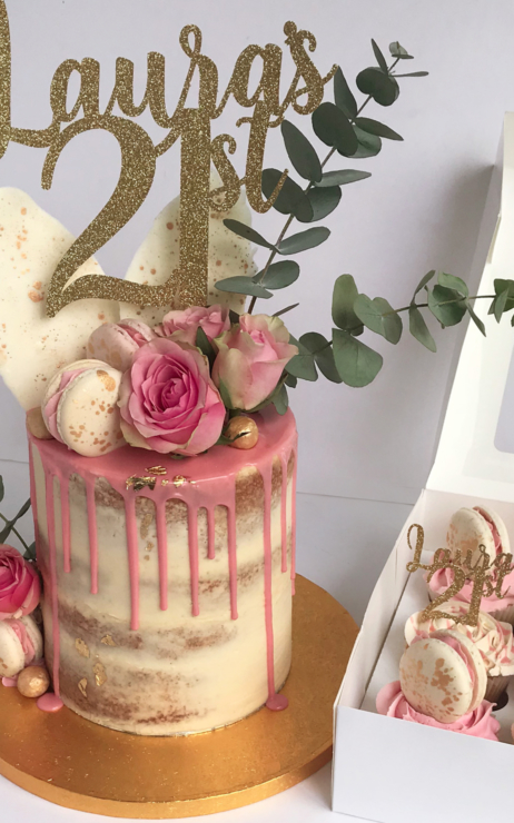 pink birthday cake, gold 21st topper